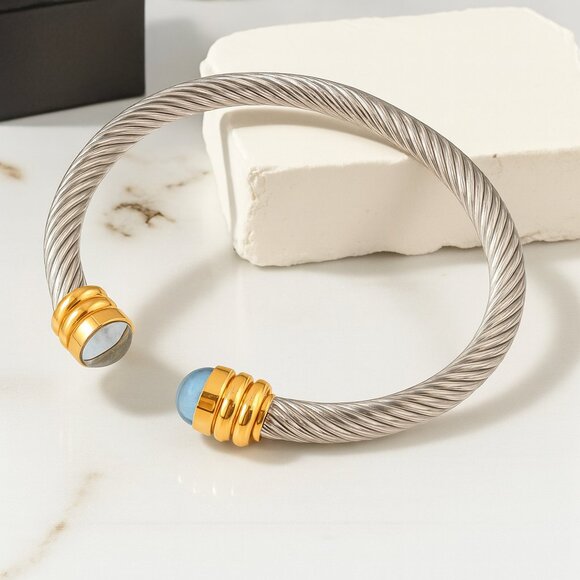 🆕Minimalist Rope Cuff Bangle 18K Gold Plated Stainless Steel Blue Crystals - Picture 1 of 8